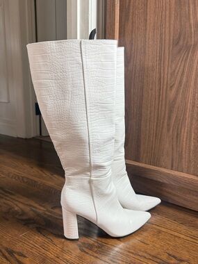 White Croc-Embossed Knee-High Block Heel Boots
